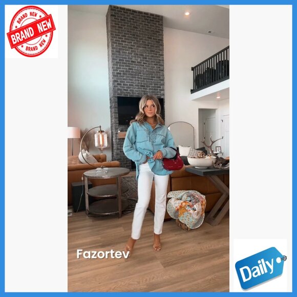 Denim Pullover Blouse Loose Fit Long Sleeve V Neck Button Front Pocket - Picture 7 of 7